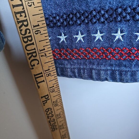 Vintage 90s Denim Overalls Capris American Flag Med Blue Jean USA Embroidered - Picture 8 of 9